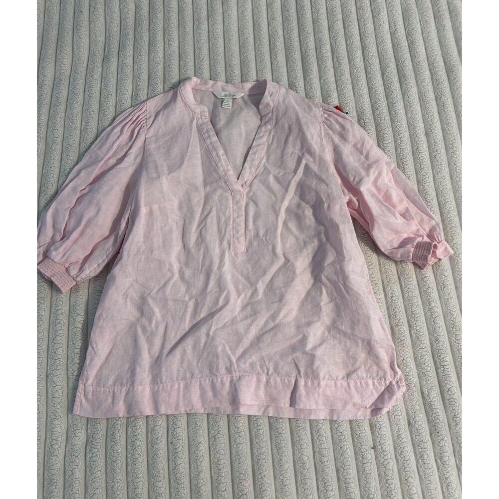Lilly Pulitzer Mialeigh V-Neck 100% Linen Top Womens 10 Conch Shell baby Pink